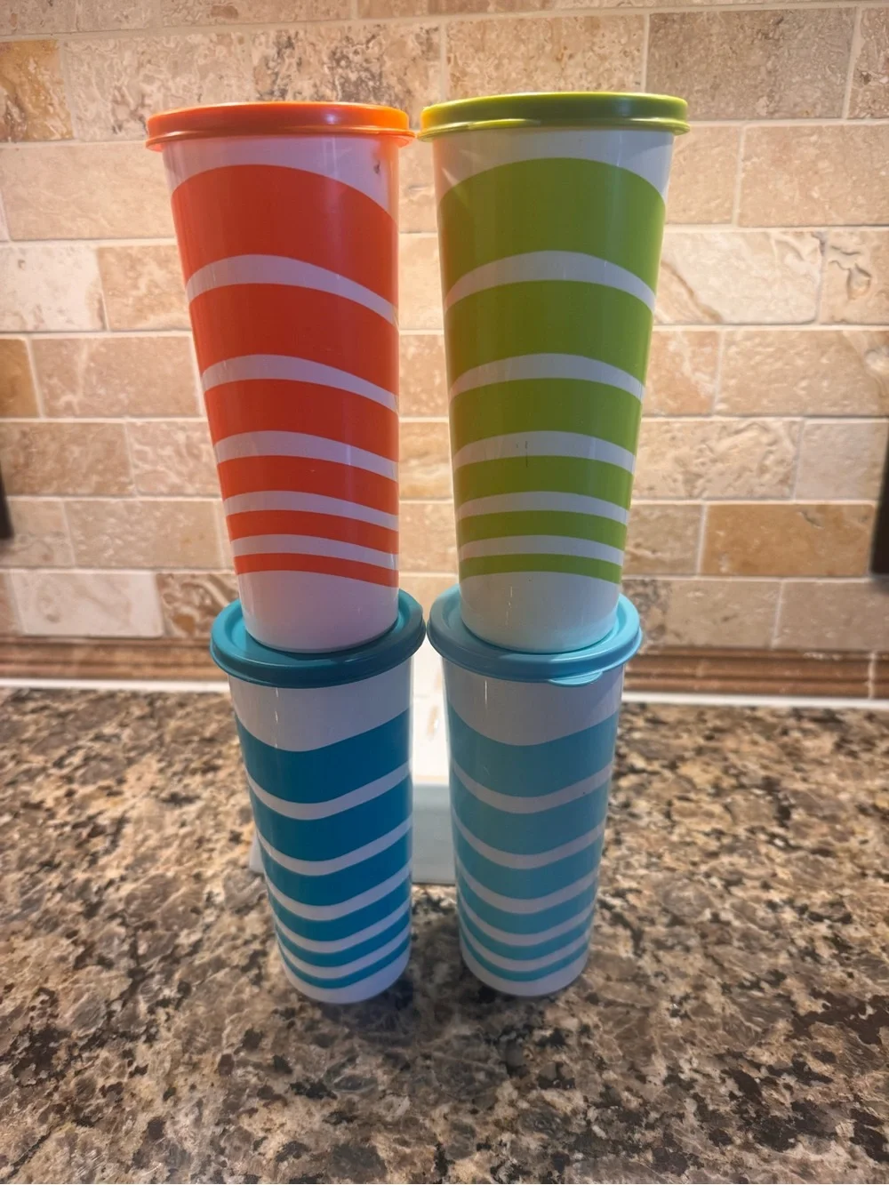 VINTAGE Tupperware Tall Cups Set in Orange, Lime Green, Teal, Light Blue w/ Lids